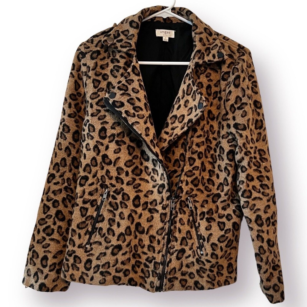 Umgee Brown Black Leopard Animal Print Fleece Full Zip Biker Winter Jacket Small